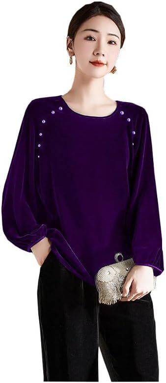 Silk Velvet Ladies Long Sleeve Round Neck T-Shirt Fashion Top Comfortable