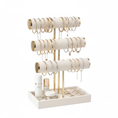 Pangkeep 3 Tier Bracelet Necklace Holder Jewelry Displays for Vendors T Bar Velvet Jewelry Stand with Tray Jewerly Organizer for Bangles Necklace Scrunchie Watches Rings (Beige)