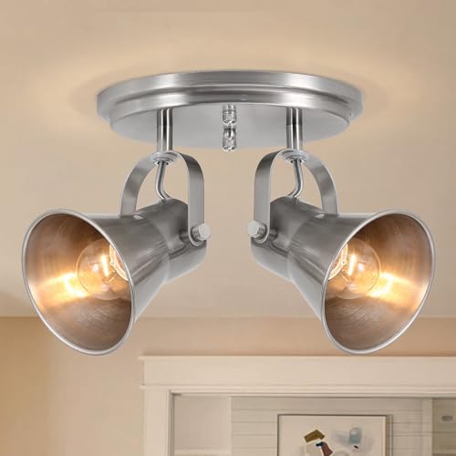 Image of Nickel Kitchen Ceiling Light Fixture, 2-Light Adjustable Track Lighting, Modern Flush Mount Directional Light for Hallway, Bathroom, Dining Room