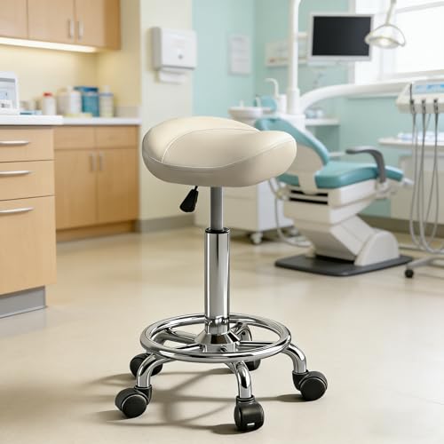 Image of Saddle Stool with Wheels, Adjustable Rolling Stool Chair with Back Support, Ergonomic PU Leather Saddle Chair for Salon, Massage, Tattoo, Medical, Spa, Office (White, 1PCS)
