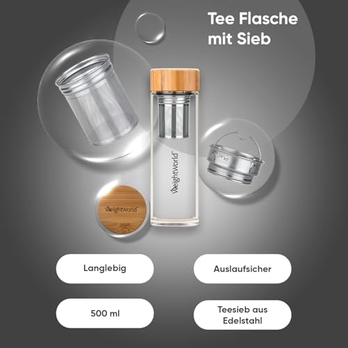 Teeflasche mit Sieb to Go - Trinkflasche 500ml aus Borosilikatglas - BPA-frei & Bleifrei - Thermo Glasflasche...