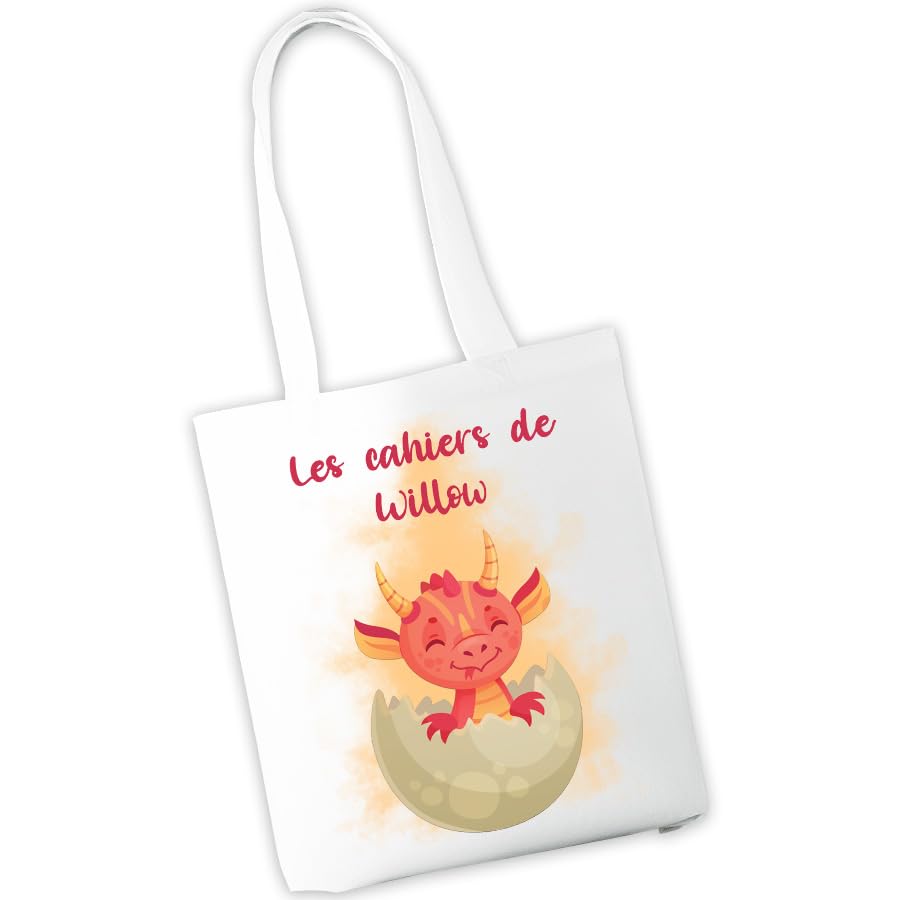 Sac à cahiers personnalisé - Sac de transport pour cahiers et livres d'école ou de bibliothèque - Prénom et motif au choix - Cadeau rentrée scolaire, maternelle, crèche, école (Dragon)