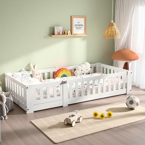 TDRTRD Lit Enfant Montessori au Sol 90x190 cm, Cadre de Lit en Bois de Pin Blanc avec Barrières de Sécurité, Sommier à Lattes pour Garçons et Filles...