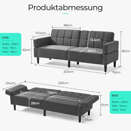 LINSY HOME Sofa mit Schlaffunktion, Schlafsofa mit Verstellbarer Rückenlehne Armlehnen, 3 Sitzer Sofa mit Bettfunktion aus Samtstoff, 230 x 100 cm Liegefläche, Ideal für Wohnu (Grau) – Bild 4