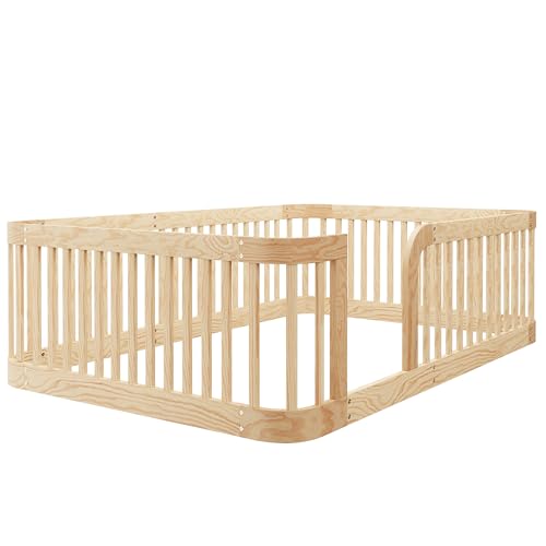 Image of Bellemave Twin Size Floor Bed Frame with High Fence,Solid Wood Kids Montessori Floor Bed Twin for Girls Boys,Rounded Corner Design,Natural