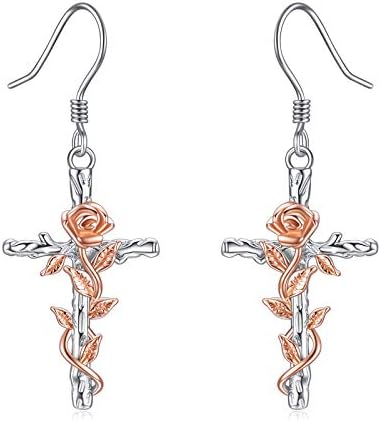 Cross Earrings Gifts for Women Sterling Silver Rose Flower Multicolor Cross Dangle Earrings Jewelry Gifts for women Teen Girls (Silver rose cross earrings)
