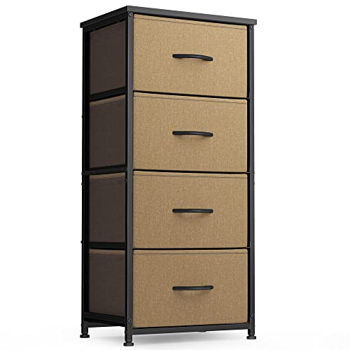 Fezibo 4 Drawer Fabric Dresser Storage Tower, Organizer Unit For Bedroom, Closet, Entryway, Hallway -Steel Frame, Wood Top, Easy Pull Handle, Coffee And Brown #TOP23