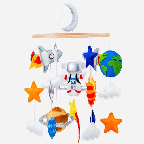 Image of Space Mobile for Crib - Galaxy Baby Crib Mobile for Nursery with Planets, Stars, Space Rockets and Astronaut with Matching Felt Garland for a Space Theme Baby Nursery