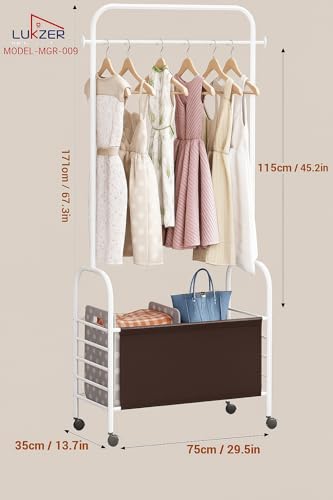 Image of Lukzer | MGR-009 | White | Metal Clothes Rail Stand with 360 Rotating Wheels & Leather Storage Bin - 4 Hook Metal Garment Rack Organizer for Closet, Laundry Room, Bedroom & Dorm | 171 x 75 x 35 cm