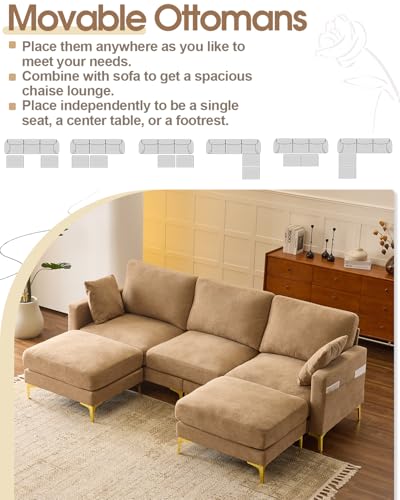Image of Karl home 99.6 inch 3-Seat U-Shaped Sectional Sofa, Khaki | Chenille Upholstered, 2 Movable Ottomans, Cloud-Like Seat, 2 Throw Pillows, Comfy Deep Seat, Living Room, Apartment, Office