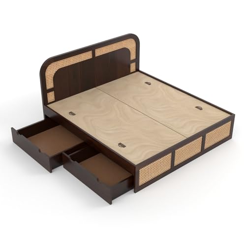 Image of Sheesham Wood Cane Bed with Drawer Storage for Bedroom | Queen Size Wooden Double Bed Palang with Curved Rattan Headboard & Footboard (Walnut Finish)