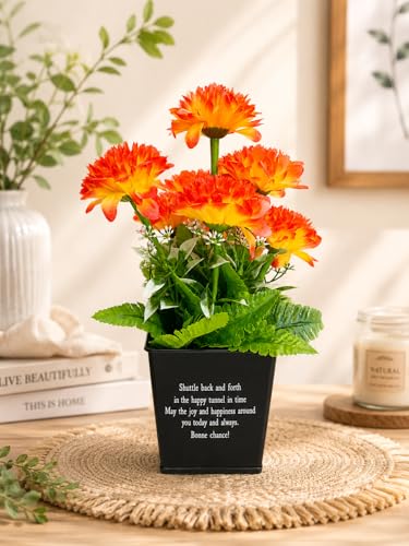 Image of Artificial Flower Pot with Orange Chrysanthemum, Lush Greenery, Inspirational Printed Black Pot, 30cm Height
