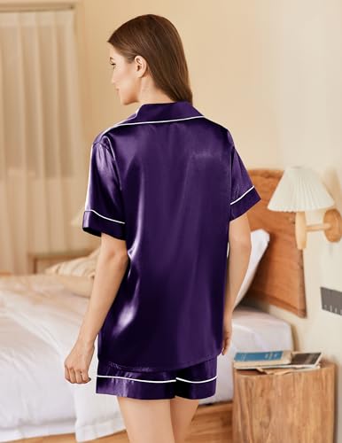 Image of Ekouaer Silk Satin Pajama Sets Button Down Sleepwear Shorts Pjs 2 Piece Loungewear Soft Lounge Set Deep Purple,Small
