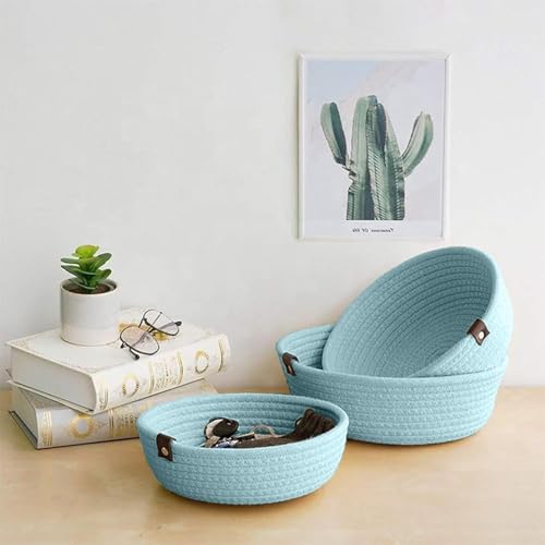 Image of Handmade Jute Cotton Storage Baskets Set of 3 for Dining Table, Fruit Basket & Roti Bowl, Cane Style Organizer for Kitchen, Home Decor, Washable Multipurpose (Aqua)