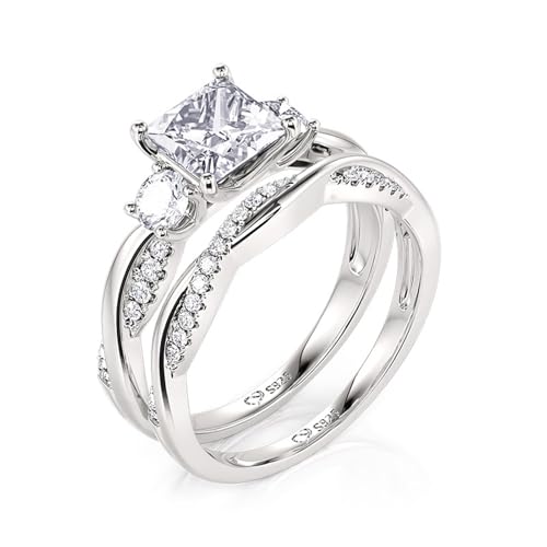 Image of Jeulia Round /Princess Cut Wedding Ring Sets for Women Three Stone Bridal Sets Engagement Ring Set CZ Twisting Infinity Pave Set 925 Sterling Silver Free Engraving
