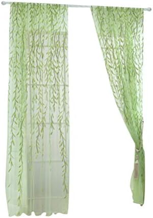 Veemoon Green Embroidery Pattern White Sheer Voile Curtains, Rod Pockets Curtains and Drapes, Tulle Voile Curtains Sheer for Bedroom, Living Room, Balcony Room Decoration