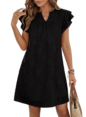 Image of Dokotoo Womens Summer Dresses 2026 Ruffle Short Sleeve Casual V Neck Smocked Floral Burnout Mini Dress Sundress