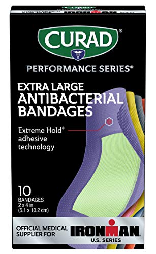CURAD Performance Series IRONMAN Antibacterial Bandages, Extreme Hold Adhesive Technology, Extra Large Flexible Fabric Bandages for Cuts, Scrapes, & Burns, Assorted Colors, 2 x 4 inches, 10 Count