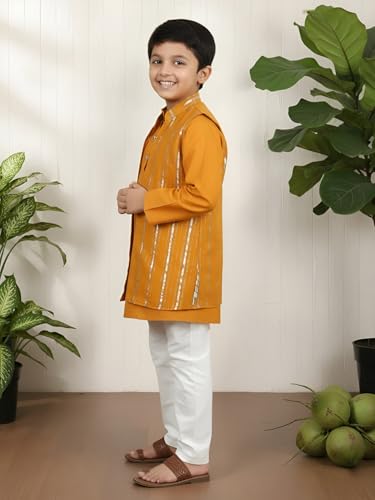 Image of POLKA TOTS Boys Cotton Ethnic Kurta Pajama Set with Attached Koti | Ethnic Motif Wear Kids Kurta Pyjama for Boys & Toddlers | Traditional Dress for Weddings & Festivals | Festive Jubba Set for Babies