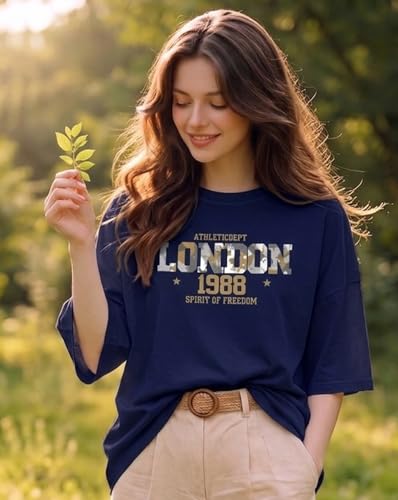 Image of Women's Typography Round Neck Cotton-Blend T-Shirts, Oversized Drop Shoulder Boho Style T-Shirt