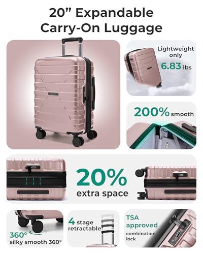 Image of BAGSMART Carry On Luggage 22x14x9 Airline Approved with Spinner Wheels,Lightweight Luggage with TSA Lock,Expandable Hard Shell Carry On Suitcases for Men Women, Rose Gold, 20 Inch