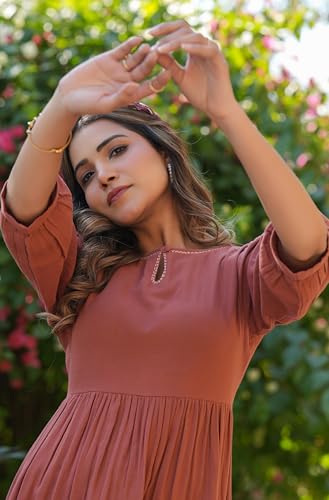 Image of Janasya Women's Rust Orange Pure Cotton Solid Fit & Flare Dress