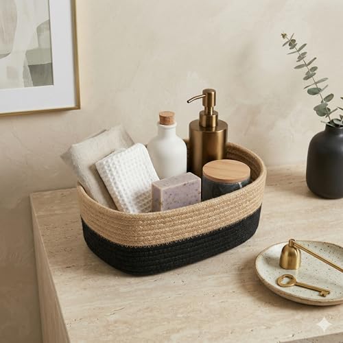 Image of 100% Natural Jute small box mini rope paper storage Round hamper baby nursery tray bucket for Living Kitchen, Office, Drawing Room,fruits, kitchen, office, Set of 3 (black and beige 3 set)