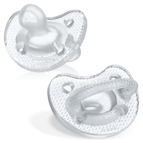 Image of Chicco PhysioForma Luxe Orthodontic Pacifier for Babies 6-16 Months, One-Piece 100% Soft Silicone, Supports Breathing, Textured Shield & Handle, Sterilizing Case, BPA Free, 2-Pack, Crystal