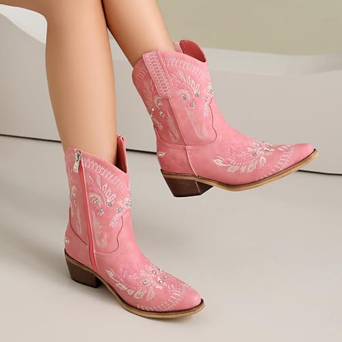 Women's Cowboy Ankle Boots Western Booties with Sparkly Rhinestone Low Heel4