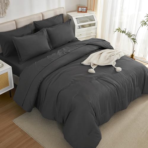 Litanika Twin/Twin XL Size Comforter Sets Grey Dark Grey - 5 Pieces Bed in a Bag Twin/Twin XL Bedding Comforter Sets, Solid Lightweight Bed Set with Comforter, Sheets, Pillowcase & Sham