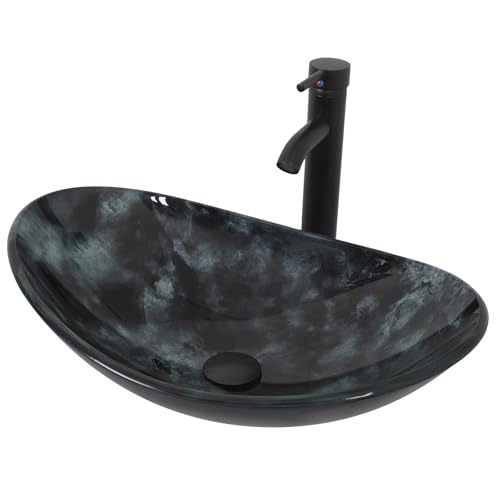 YU YUSING Lavabo da Appoggio in Vetro, Lavabo da Bagno, Lavandino Ovale con Rubinetto, per Bagno, Cucina, Ospiti, WC, Moderno Texture Grigio Scuro, 53 x 35 x 15.5 cm