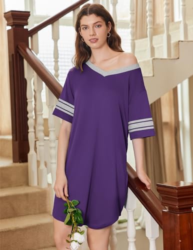 Image of Ekouaer Nightgowns for Women 2 Pack Sleepshirts Short Sleeve Nightshirt V Neck Sleepwear Casual Pajama Dress
