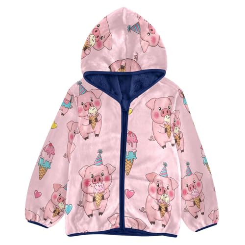Cute Pig Ice Cream Pattern Toddler Fleece Jacket Girl Boys Hooded Fleece Jacket Coat Warm Outwear Zip-up 3-10T