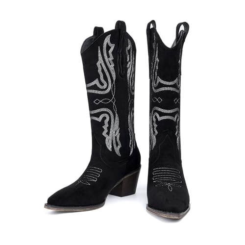CKSNDLF Women's Cowboy Boots Western Mid-Calf Cowgirl Boots with Classic Embroidered Pointed Toe Block Heel Pull-On Shoes4