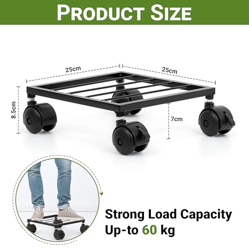 Image of Livzing 4 Pcs 10 Inch Metal Plant Stand with Lockable & unlockable Wheels, Flower Pot Stand - Square Planter Stands for Indoor, Outdoor, Home, Garden Heavy Duty Powder Coating Gamla Holder for Balcony