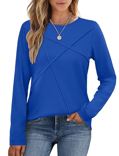 XIEERDUO Business Casual Tops for Women Dressy Long Sleeve Basic Tees for Women Plus Size Travel Outfits Royal Blue L