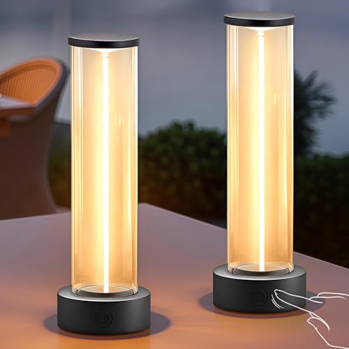 Glolsle Indoor Outdoor Cordless Table Lamp,Rechargeable Battery Powered Lamp 3-Mode Touch Dimmable,IP54 Waterproof Portable Lamp for Bedside Reading,Patio Grill,Gazebo Party,Camping Tent (Gray, 2 PCS)