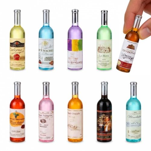 Merzio 10 Pcs 1:6 Scale Miniature Alcohol Bottles, Resin Mini Wine Bottles for Dolls House Accessories, Fake Beer Champagne Glasses Model for Cake Accessories, DIY Craft Dollhouse Decor