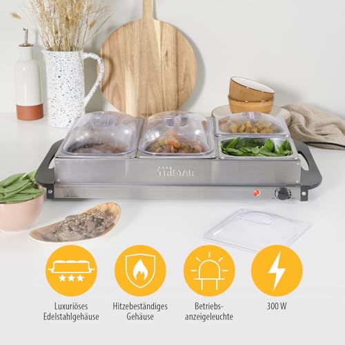 Foto von Tristar Edelstahl Buffetwärmer für Partys & Buffets, 300 W, Einstellbares Thermostat, 4 Warmhaltebehälter mit Deckel, Heizplattenfunktion, Warmhaltefunktion, Silber, BP-6285