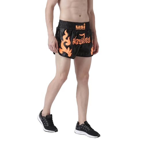 Image of USI Universal Muay Thai Shorts for Men Women, 410N Boxing Kickboxing MMA Fight Clothing Training Workout Trunks (in, Alpha, L, Regular, Black /Orange)