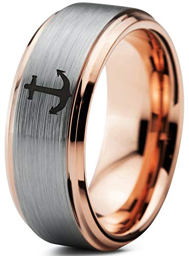 Zealot Jewelry Tungsten Anchor Band Ring 8mm Men Women Comfort Fit 18k Rose Gold Step Bevel Edge Brushed Polished Size 14