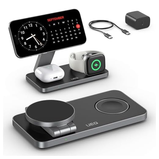 UEQ Foldable 3 in 1 Wireless Charging Station for Apple Magsafe Charger Stand,Fast Magnetic Wireless Charger Station for iPhone 17 Air 16 15 14 13 12 Series,Airpods Pro,Apple Watch Ultra (Pure Black)