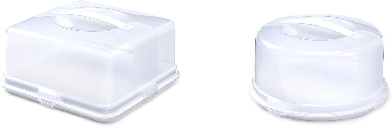 Airtight BPA-Free Reusable Cake Storage Box – Portable Cake Carrier with Handle & Lockable Lid | Food Storage Container for Cakes, Bakes & Desserts | Durable Plastic (Round + Square Cake Box - 2Pack)