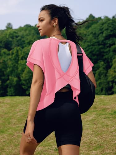 Image of SENSERISE Womens Open Back Workout Tops Backless Short Sleeve Athletic Shirt Running Crop Top Gym Yoga Tee