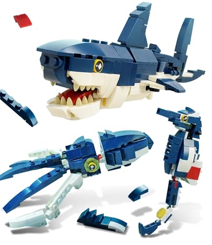 Image of Intelliskills Think Blocks: 3-in-1 Aquatic Animals 118 Piece Set,Shark, Squid&Seahorse, Model Building Kit for Kids,STEM Construction Set for Toddlers,Assemble&Play Game,Activity&Gifting Toy (Blue)