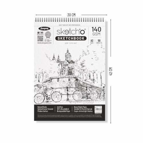 Image of Anupam Sketch-O Sketchbook A3 | 50 Sheets 100 Pages | 140GSM | Durable Acid Free Drawing Paper | Professional-Grade Sheets | Top Spiral-Bound Sketchpad for Artists & Professionals (Pack of 2)
