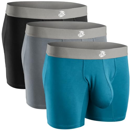 Real Men 7in Modal Boxer Briefs D Pouch Lrg 3pk Blk/Blu/Gry Long Underwear Mens With Pouch Underwear For Men Mens Long Boxer Briefs