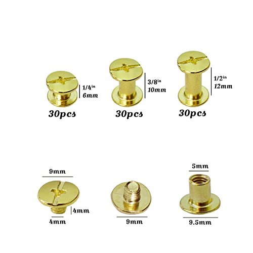 image for YMAISS 90 Sets Chicago Screws 3 Size 1/43/81/2in Brass Plated Screw Po