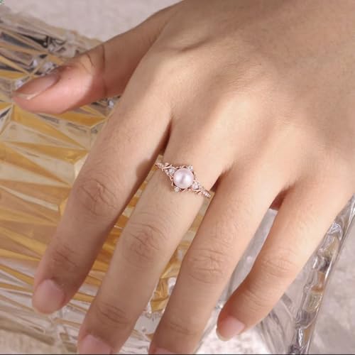 Natural White Pearl Engagement Ring for Women Sterling Silver - Pearl Rings for Women Gold 10K 14K 18K Engagement Birthday Anniversary Jewelry Gifts for Mom Women (AAA Quality)2