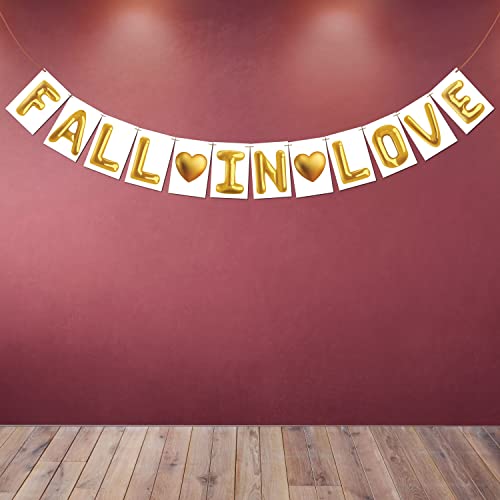 Image of Wobbox White & Golden Balloon Text inchFall In Love inch Bunting Banner for Anniversary, Pre-Wedding & Wedding, Love Banner for Decoretion